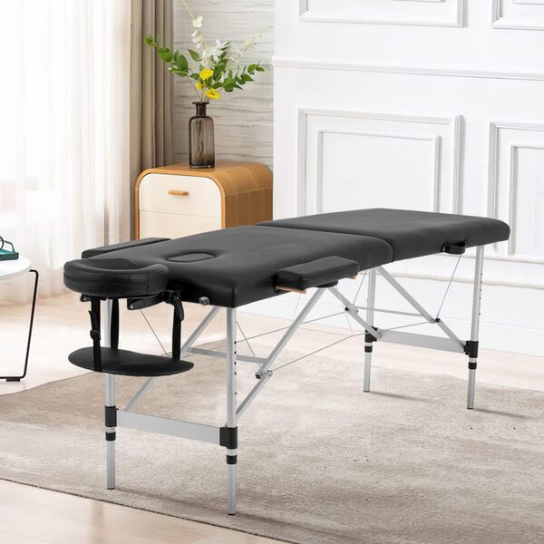 BestMassage 183 cm, Table de Massage Portable à 2 Plis Lit de Tatouage réglable en Hauteur avec étui de Transport pour Le Visage, Noir, Aluminium