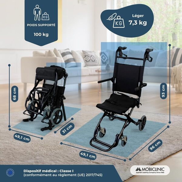 Mobiclinic®, Fauteuil de transfert, Saturno, Aluminium, Pliant, Frein sur poignées, Marque européenne, Repose-pieds pliants, Accoudoirs, Léger, Ceinture sécurité, Ergonomie