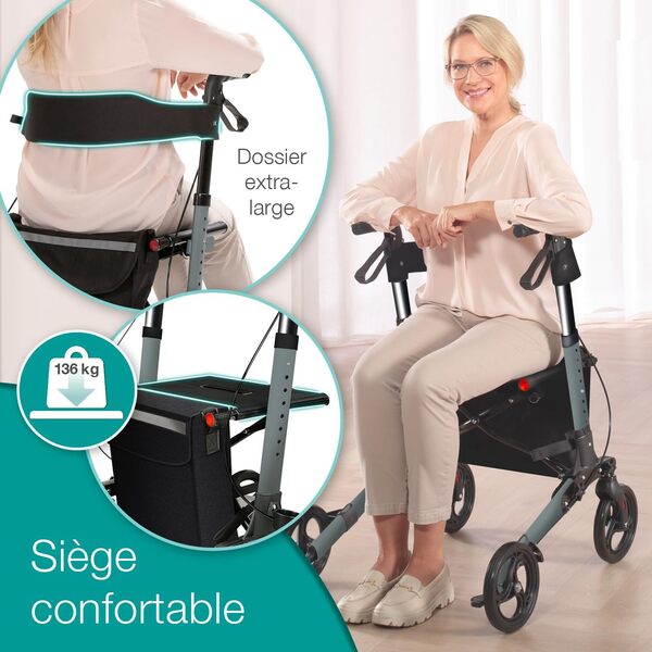 ELONEO Déambulateur 4 Roues Pliable Léger avec Siège - 8 Hauteurs Réglables, Cadre en Aluminium, Aide Mobilité Pliante 3 Directions avec Sac et Porte-Parapluie, Convient aux Voitures (Anthracite)