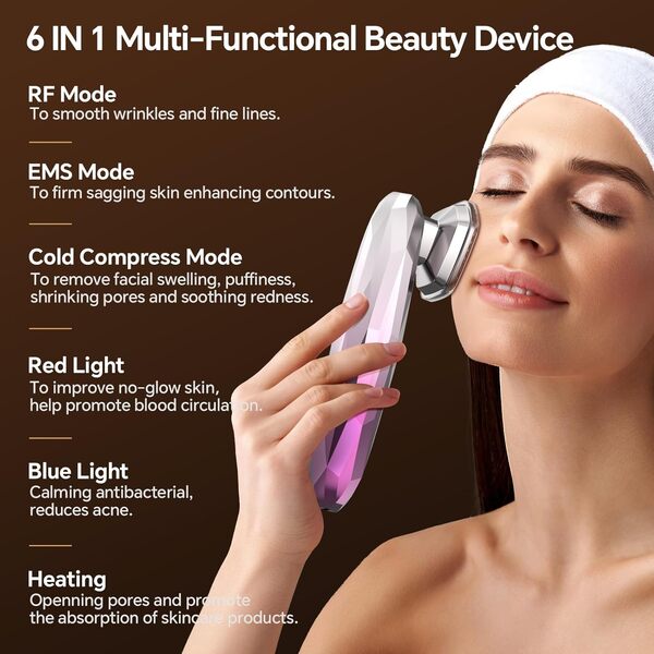 Appareil Radiofréquence Lifting Visage, Ibtyzo Appareil Visage Lifting EMS Appareil Anti Rides Visage 6 en 1 RF Masseur Visage Radiofréquence Visage Bleu Rouge Lumière Visage Massage visage Anti-âge