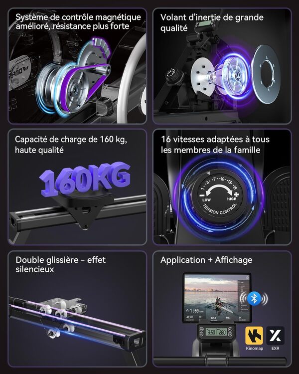 Rameur, DMASUN Rameur Magnétique D'appartement, Rowing Machine Connecter APP avec Écran LCD, 16 Niveaux de Résistance, Mise à Niveau vers Deux Rails, Silencieux, Capacité Maximale 160KG
