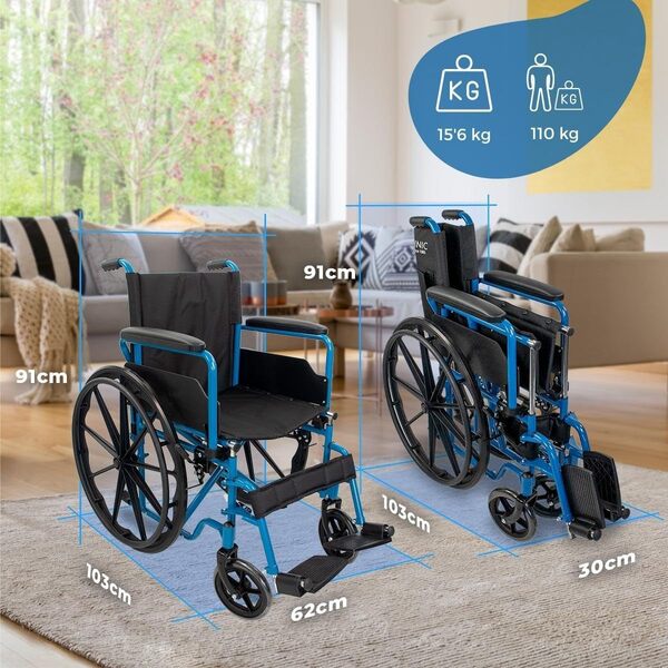 Mobiclinic®, Fauteuil roulant pliable, Marsella, Roulettes à dégagement rapide avec bouton, Robuste, Siège 46cm, Repose-pieds pliants, Accoudoirs pliables, Poignée de frein, Roues 24