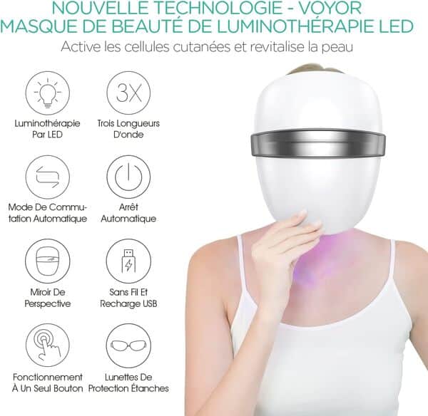 VOYOR masque LED visage masque luminothérapie visage traitement professionnel de l'acné/lisser les rides/photorajeunissement soins de la peau sans fil Rechargeable 3 couleurs rouge/bleu/violet BM100