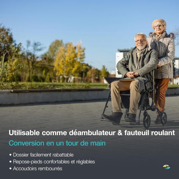 2 en 1 déambulateur et fauteuil roulant - Déambulateur pliable avec repose-pieds - Transformable en fauteuil de transport