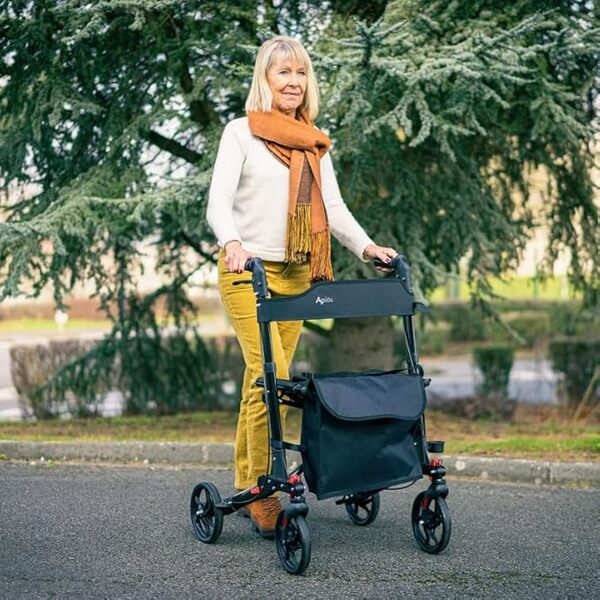 APLOS | Déambulateur 4 roues Ergoclick | Roues Avant Pivotantes en Gomme | Assise et Dossier | Entièrement Pliables | Sacoche et Porte Canne Inclus