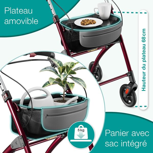 ELONEO Déambulateur 4 Roues Pliable Léger - Largeur 54 cm, Déambulateur d'Intérieur avec Plateau et Panier en Tissu - Rollator Adulte, Aide à la Mobilité Pliant Aluminium - Rouge