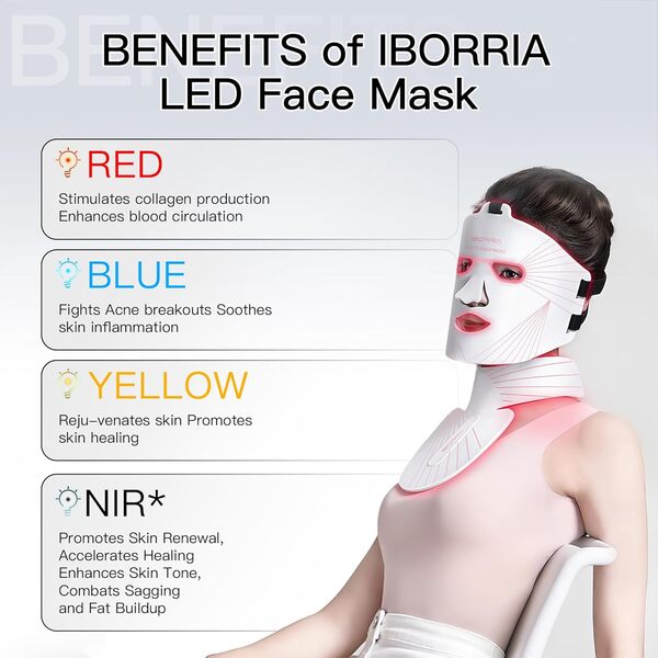 IBORRIA Masque Facial LED pour Visage, Cou et Décolletage, Thérapie Lumière Proche Infrarouge, Masque de Beauty en Silicone Flexible, Traitement à la Maison, Soins de la Peau (Blanc)
