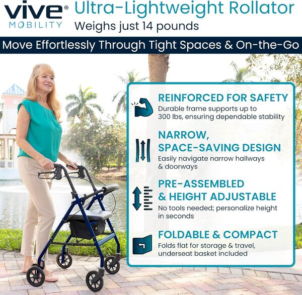 Vive Mobility Déambulateur ultra léger avec siège – Pliable, étroit, roulant pour les petits espaces – Déambulateur à 4 roues en aluminium pour adulte facile à conduire avec accessoire sous le siège