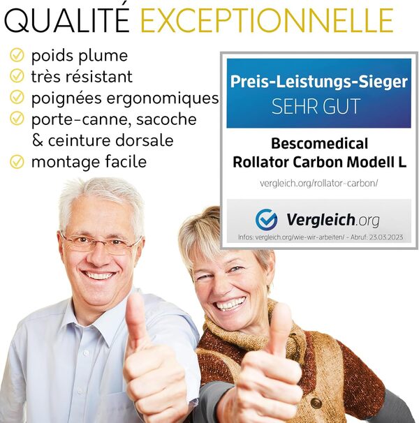 bescomedical Déambulateur pliable CARBON – Déambulateur 4 roues en fibres de carbone – Déambulateur léger à hauteur réglable, avec sangle dorsale et filet de transport – Taille M – Gris carbone