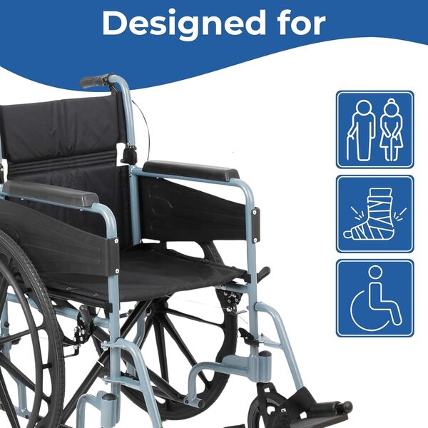 Days Escape Lite Self Propelled Narrow Wheelchair, Silver Blue, Lightweight and Foldable Frame, Aluminium Wheelchair, Portable Transit Travel Chair, Removable Footrests