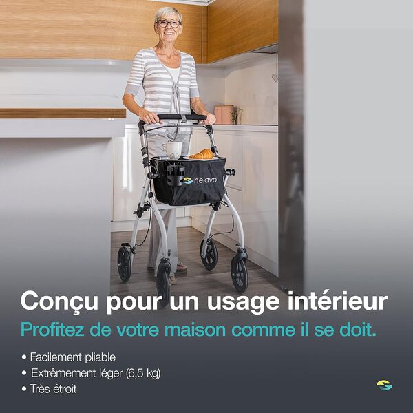 Helavo Déambulateur pour personnes âgées – Déambulateur pliable ultralégère à 4 roues pour la maison – Rollator avec plateau étroit d'intérieur, freins & panier