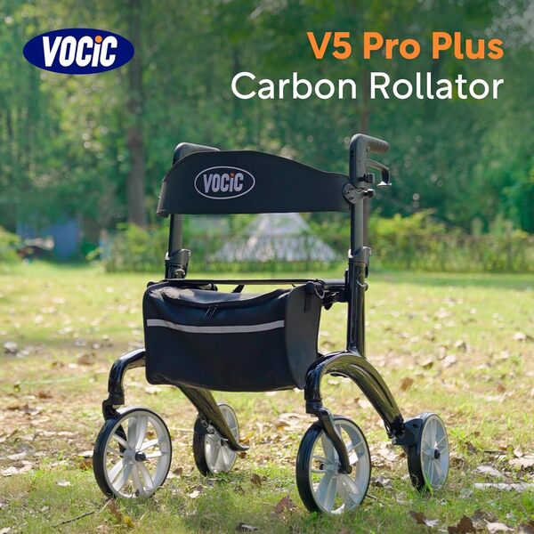 VOCIC Carbone Deambulateur 4 roues pliable leger | Super léger - 6,8 kg | Indoor & Outdoor Deambulateur pour les personnes | Compact et facile à ranger | 5 ans de garantie | Noir