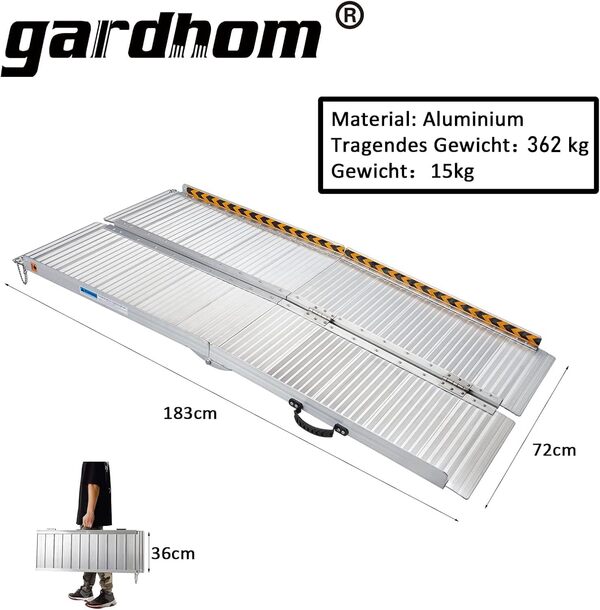 Rampe Fauteuil Roulant, gardhom 183x72cm Argent Rampe Handicapé d'accès Pliable Capacité de Chargement de 362KG