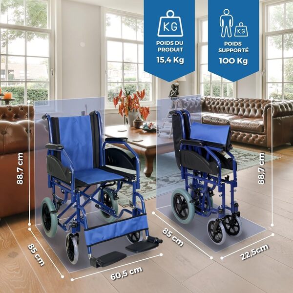 Mobiclinic®, Fauteuil roulant pliable, Maestranza, Freins de stationnement, Siège 45 cm, Repose-pieds amovibles, Accoudoirs pliants et rembourrés, Petites roues, Robuste, Couleur bleue