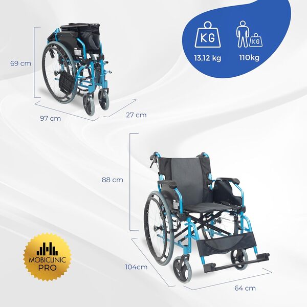 Mobiclinic®, Bolonia, Fauteuil roulant, Pliable et léger, Aluminium, Dossier divisible, Repose-pieds amovible, Accoudoirs pliants, Pour adultes, Bleu