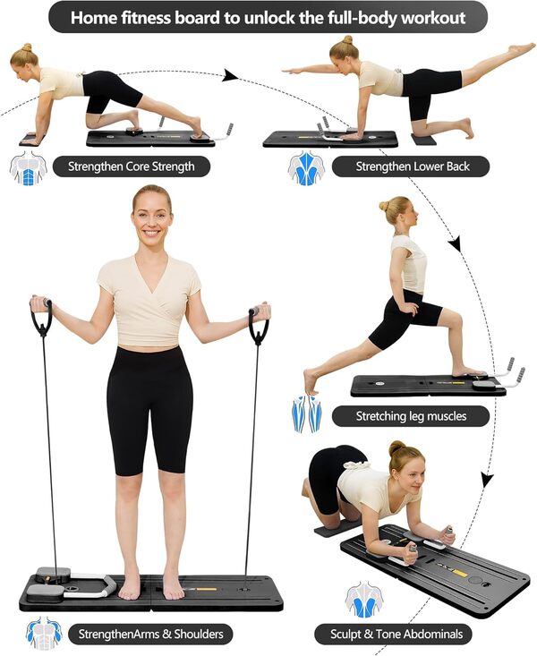 Planche de réformateur de pilates portable – Équipement de pilates pliable multifonction pour entraînement du tronc, du dos, des bras, des jambes, cadeau de fitness (noir)