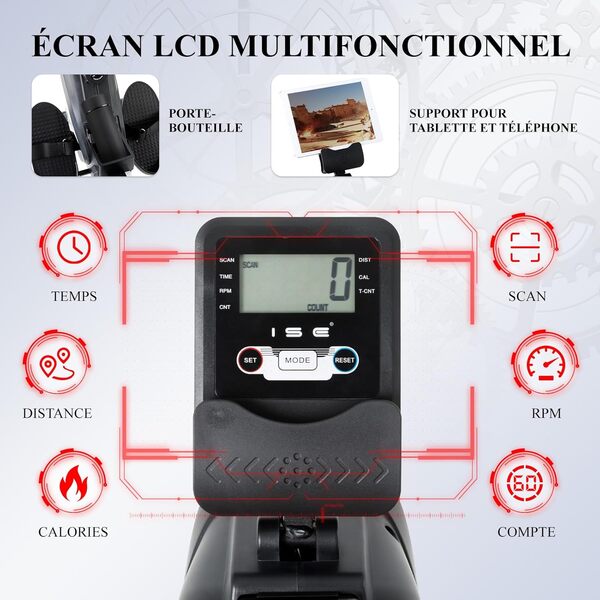 ISE Rameur Musculation, Rameurs Pliable Appartement, Rameur Magnétique 8 Niveaux Résistance, Rowing Machine Silencieux Stable, Rails Solide&Lisse, Rameurs Ecran LCD, Siège Ergonomique, Cardio-Training