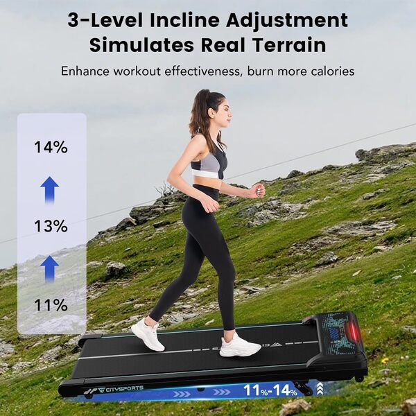 CITYSPORTS Tapis de Course Électrique Inclinable 11–14%, Tapis Roulant Silencieux 1–6 km/h, Écran LED, avec Télécommande, Tapis de Marche pour la Maison et Le Bureau