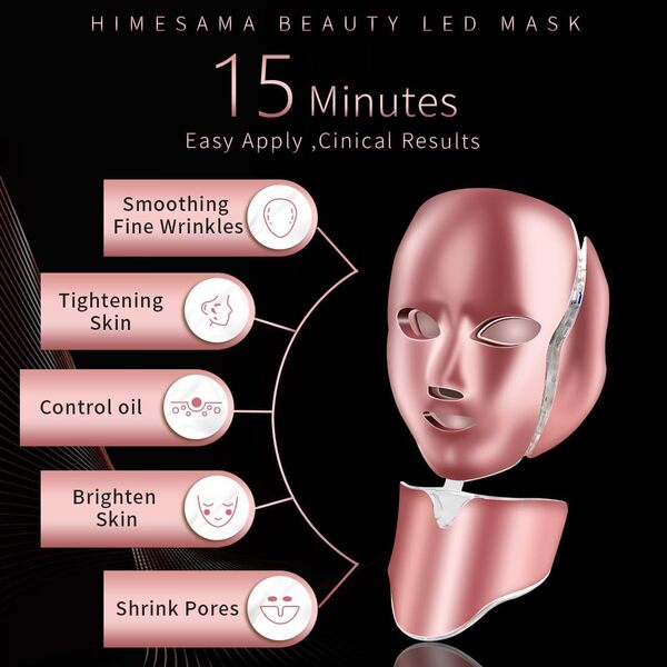 HIME SAMA 7 Color LED Mask, Masque de beauté photonique à lumière rouge et bleue pour le visage et le cou, anti-âge, anti-rides, raffermissant la peau A-021