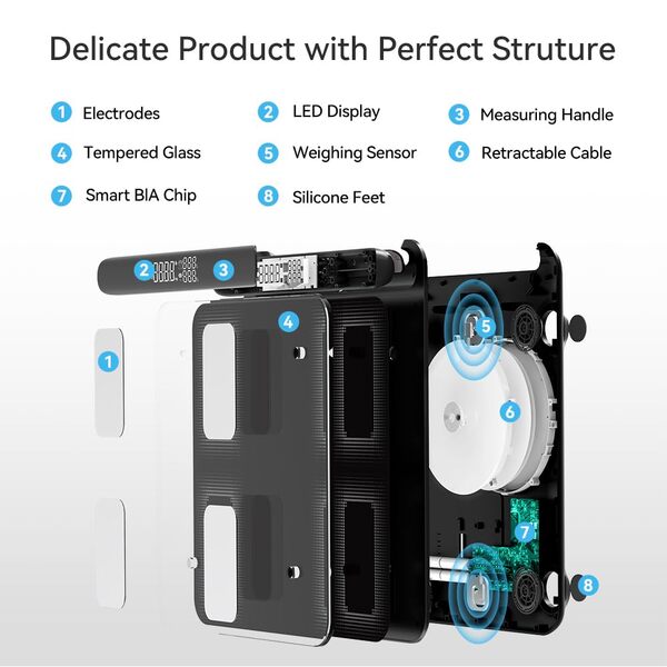 Fitdays – Balance intelligente de graisse corporelle | Technologie avancée à 8 électrodes pour l'IMC/plus de 20 mesures corporelles | LED couleur et haute précision | Pèse-personne de salle de bain