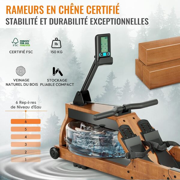 Advamsoler Rameur à Eau en Bois Pliable, Rameur d'Appartement avec APP Exclusive, Moniteur Bluetooth Professionnel et Support Tablette, Capacité Max 150 kg, Expérience d'Aviron Immersive