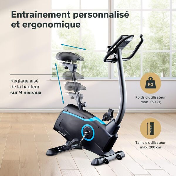 Skandika Vélo d'appartement Atlantis | Vélo d'appartement connecté compatible Kinomap, iConsole, Bluetooth, inertie 10kg, mesure pouls et graisse corporelle, 32 niveaux | jusqu'à 150kg