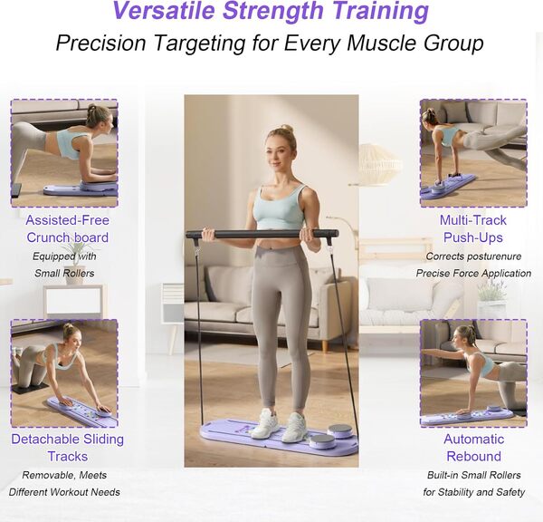 Foldable Pilates Board Set for Home Pilates Reformer Machine with Timer Counter Full Body Workout Equipment with AB Roller Horizontal Bar Knee Pads Resistance Bands