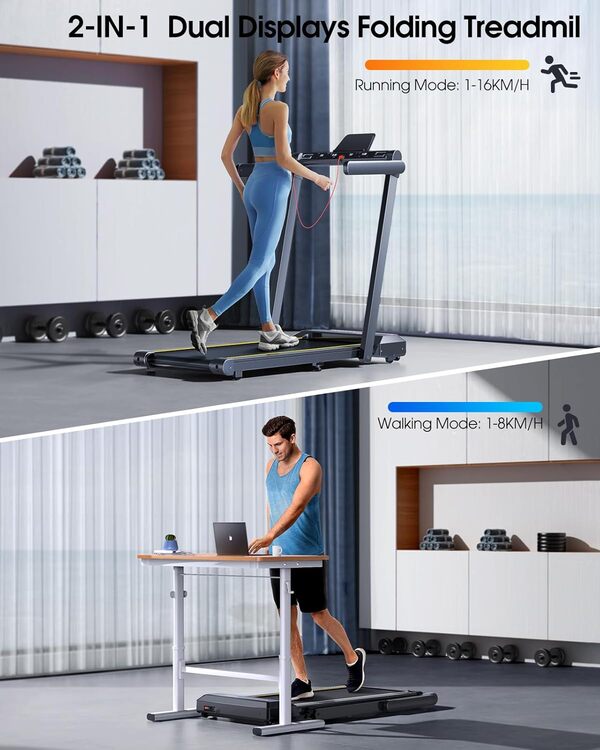 Home Treadmill,Tapis de Course 2 en 1,Walking Pad 16 km/h,2.5HP,Tapis Roulant électrique Pliant,Extra Large 42cm, Double écran LED, 12 programmes de Course,Mesure de la fréquence Cardiaque,APP