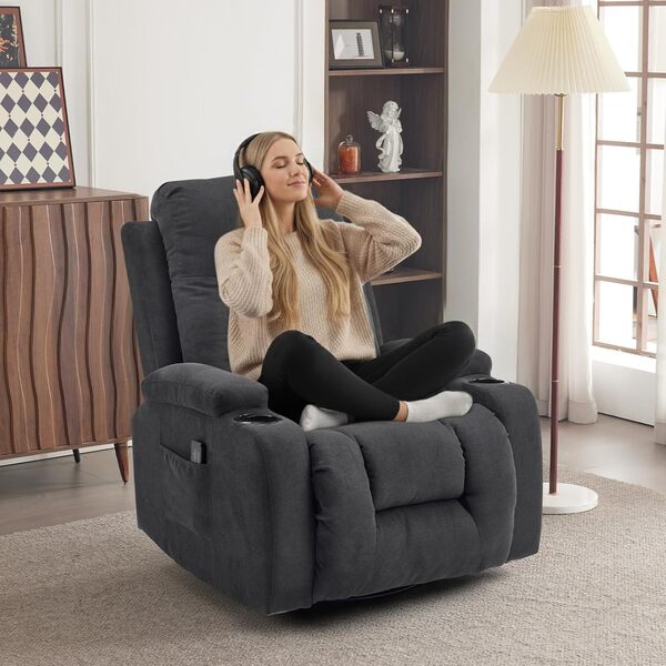 LEADZM Fauteuil Relax avec Fonction électrique Massage,avec 360° Chaleu et Tourner Réglage Manuel de Inclinaison Fauteuil Relaxant avec Repose-Pied,Télécommandes,Noir