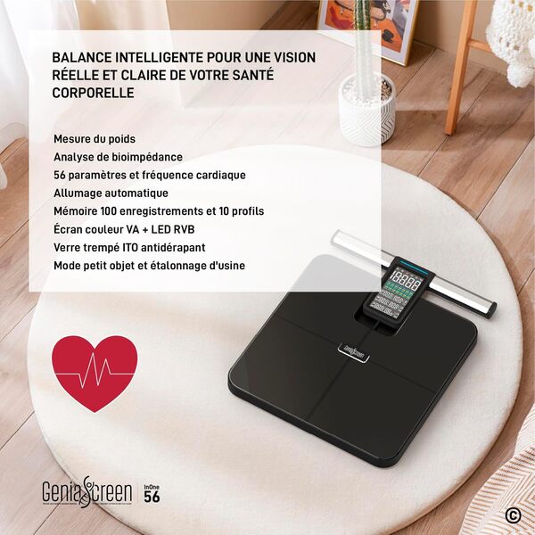 Balance Pese Personne Électronique en Verre Trempé 32x35cm Écran LCD GeniaScreen Poids Max 220Kg - 56 Données Corporelles pour Masse Musculaire Graisse IMC - Balance Bluetooth Wi-Fi avec 8 Électrodes