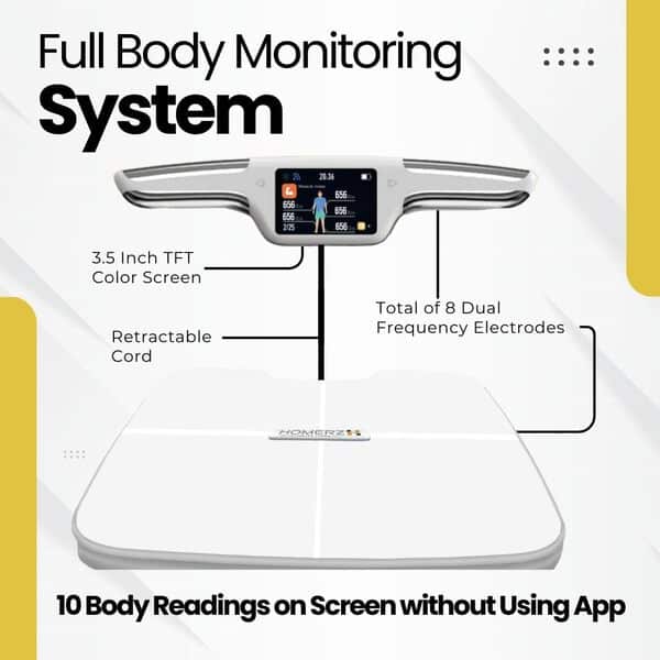 Homerz Smart Scale Pro, Balance numérique pour le corps, 8 électrodes, double fréquence, haute précision, IMC, graisse corporelle, masse musculaire, 56 mesures de composition corporelle,