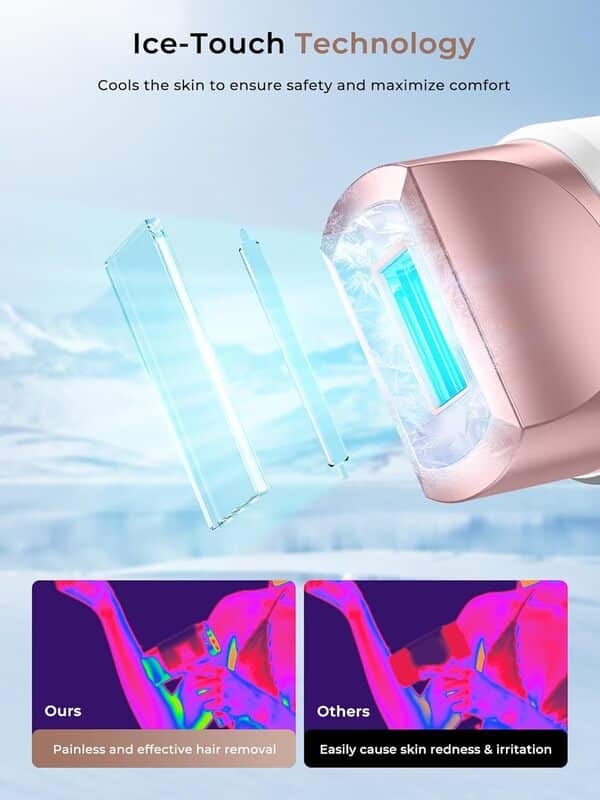 8 °C Épilateur Lumière Pulsée avec Refroidissement par la Glace, Lumière Pulsée 21J, 9 Énergies, Lumière Rouge 600 NM, pour Femme et Homme, Visage, du Maillot et du Corps, Rose