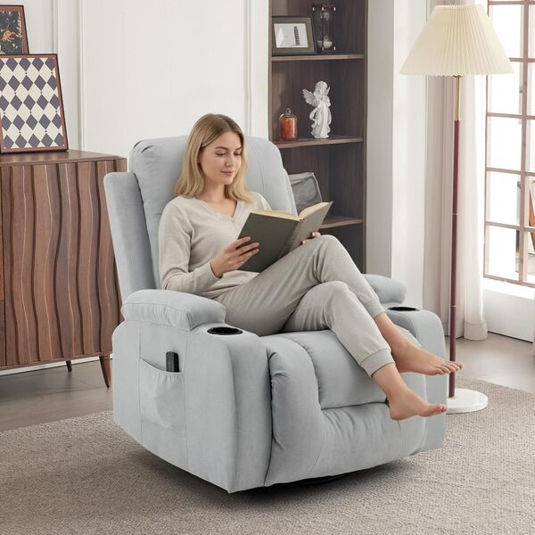 LEADZM Fauteuil Relax avec Fonction électrique Massage,avec 360° Chaleu et Tourner Réglage Manuel de Inclinaison Fauteuil Relaxant avec Repose-Pied,Télécommandes, Gris Clair