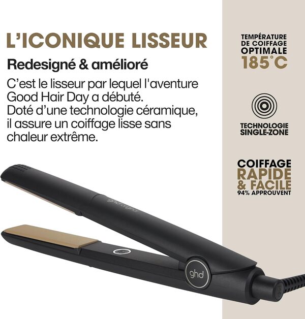 ghd - Lisseur cheveux ghd original - Fer à lisser professionnel (Noir) - Cheveux lisses, doux et brillants, sans chaleur extrême - Lisseur boucleur, design arrondi - Idéal pour tous types de cheveux