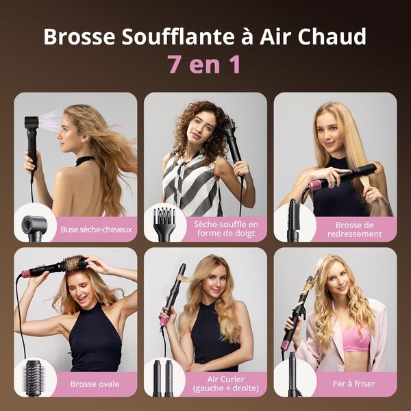 CrazyMar Brosse Soufflante 7 en 1,Seche Cheveux à Brosse Chauffante,Brosse Coiffante Ionique,Brosse à Air Chaud 110 000 tr/min, Boucleur Automatique,Lisseur,pour Volume,Boucler et Lisser (Noir)