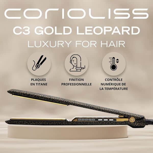 Corioliss C3 | Lisseur Cheveux Professionnel Titanium | Fer À Lisser Titane Plaques Extra-Longues | Chauffe 20 S | Température 135°C–235°C | Étui De Voyage | Leopard Gold